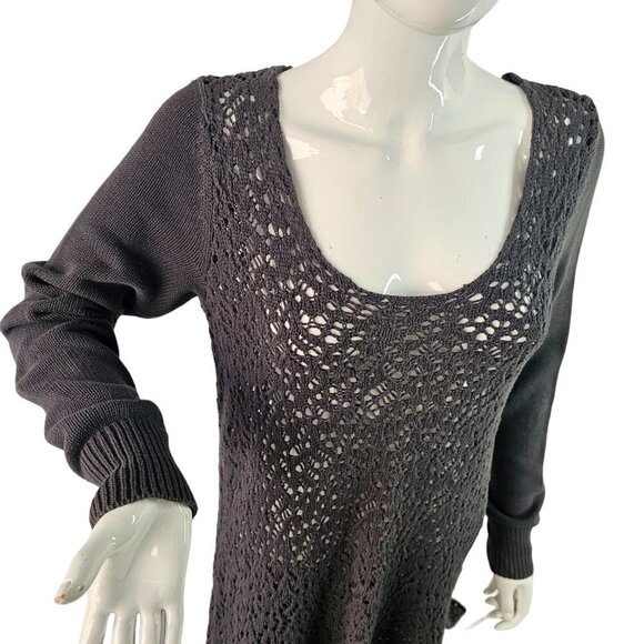 Heather B Open Knit Tunic Sweater Womens Sz L Long Slv Scoop Neck Slit Hem Gray - Picture 3 of 9